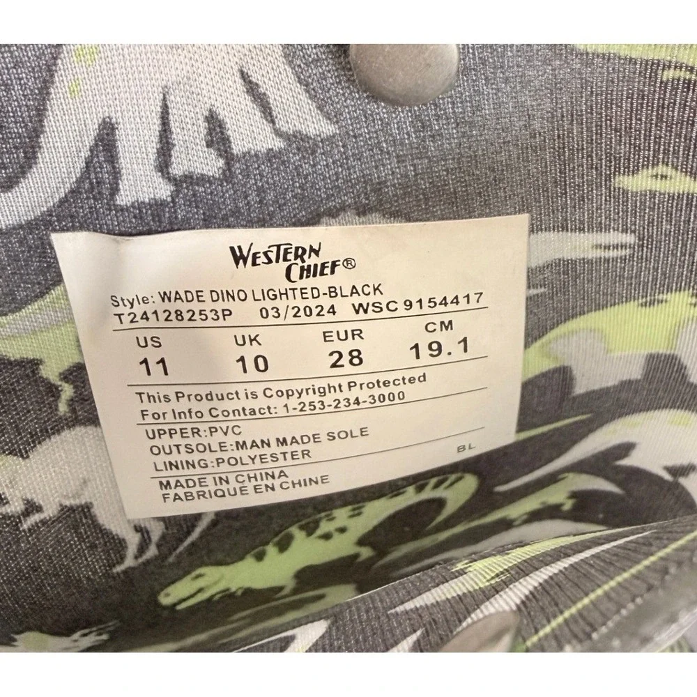 Western Chief Boys Rain Boots Size 11 Black Dinosaur Print Waterproof Pull On